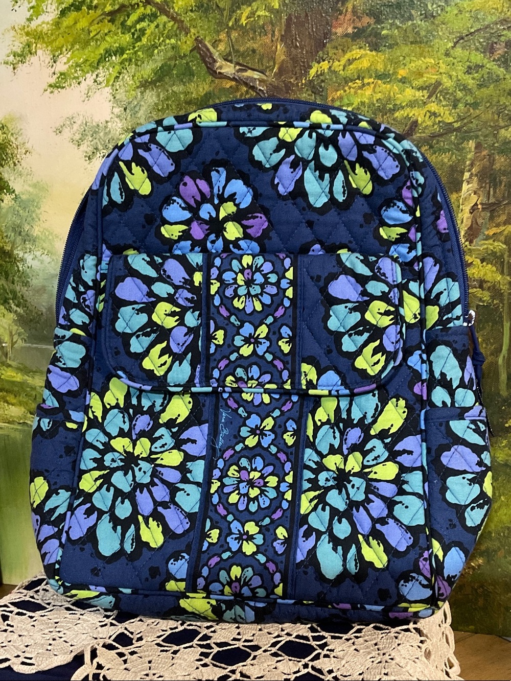 Vera Bradley Navy Floral Quilted Cosmetic Pouch with Teal, Lime & Purple Accents